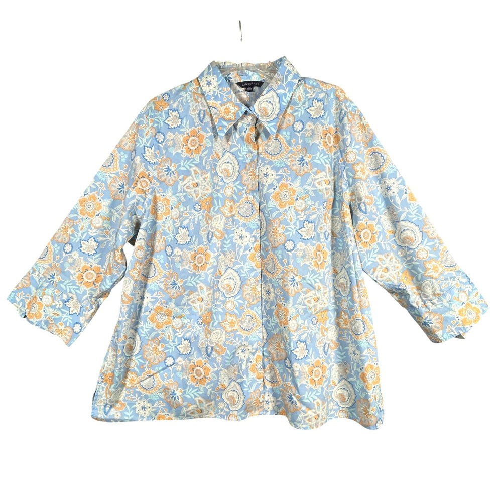 Lands End Button Up Shirt Womens 26W Blue Floral Paisley 3/4 Sleeve Cotton Blend